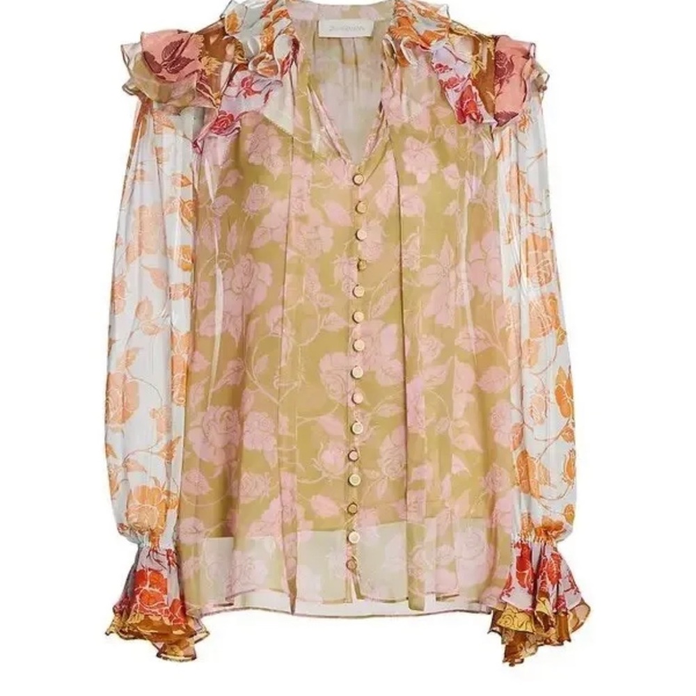 Zimmermann The Lovestruck Ruffle Silk  Shirt  Floral Roses Sheer blouse size 1 - Picture 7 of 12